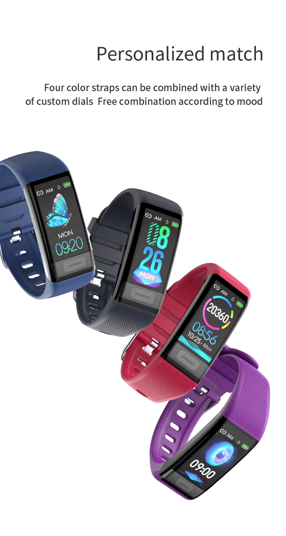 Makibes C20S Smart Bracelet Blood Oxygen Blood Pressure Monitor 1.14 Inch LCD Color Touch Screen IP67 Water Resistant Heart Rate Wristband - Black