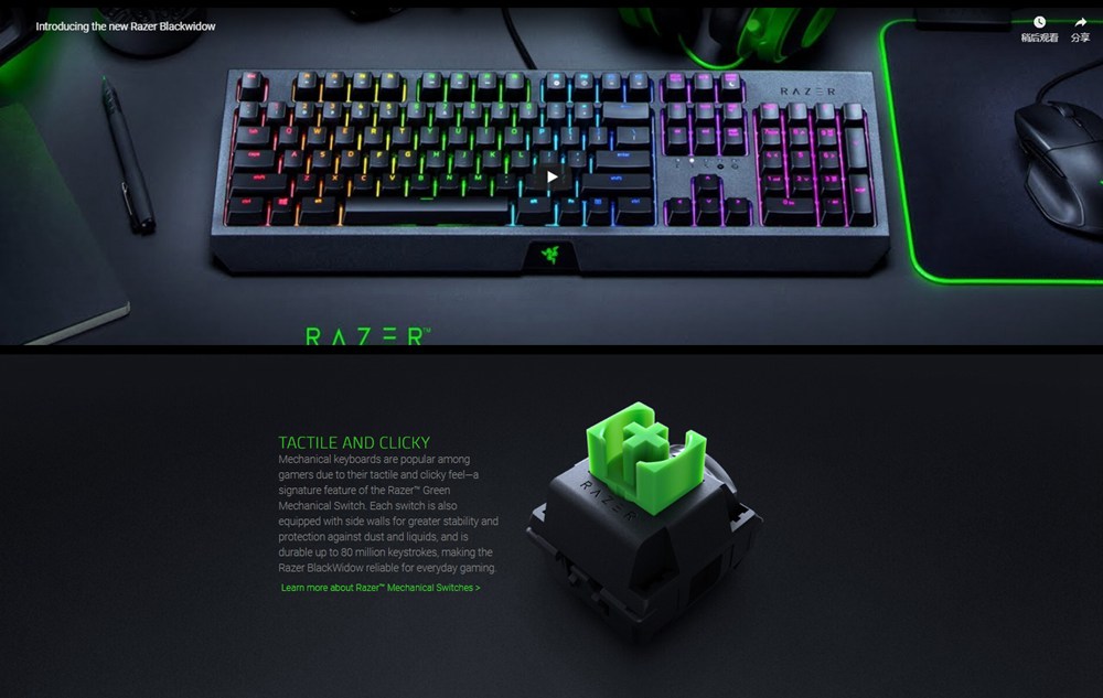 Razer BlackWidow Wired Mechanical Gaming Keyboard 104 Key Silent Tactile Green Switches RGB Lighting Programmable - Black