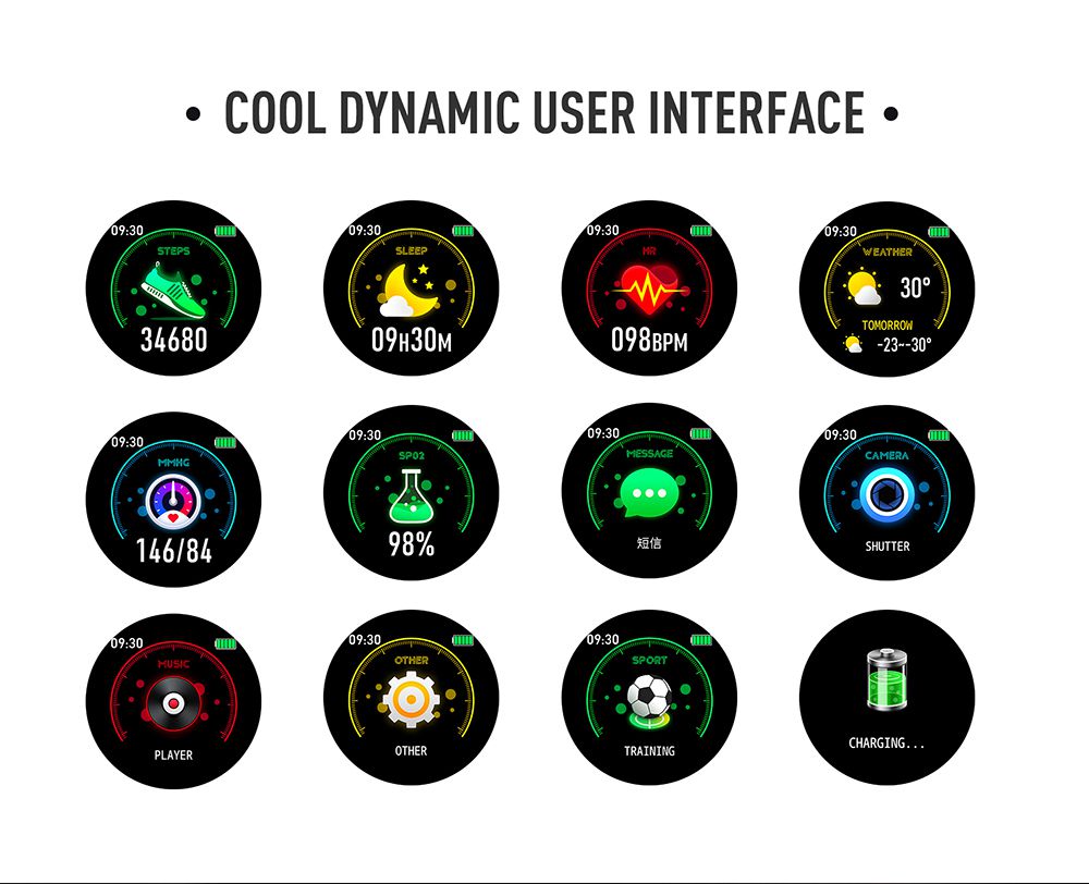 Model-KW19 SmartWatch 1.3 Inch TFT HD Screen IP67 Bluetooth 4.0 Heart Rate Blood Pressure Monitor - Black