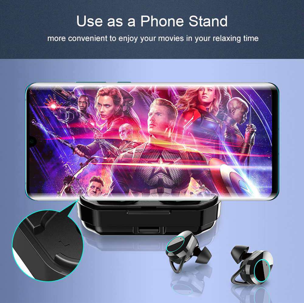 KUMI T3S TWS Bluetooth 5.0 Earphones 6D Heavy Bass Earbuds Touch control with Charging box 3300mAh- Black