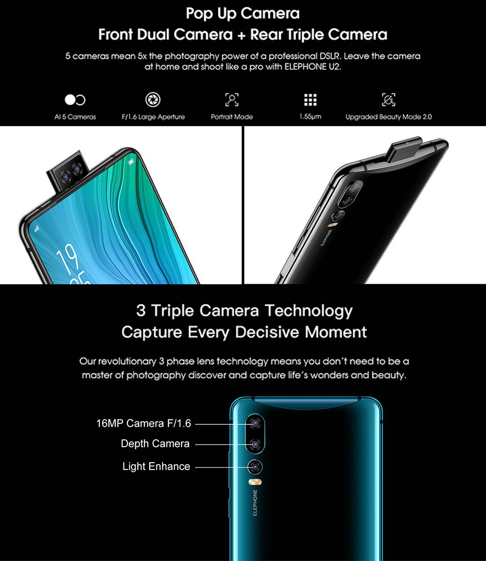 Elephone U2 6.26 Inch 4G LTE Smartphone MT6771T P70 6GB 128GB 16.0MP+5.0MP+2.0MP Three Rear Cameras Android 9.0 - Black