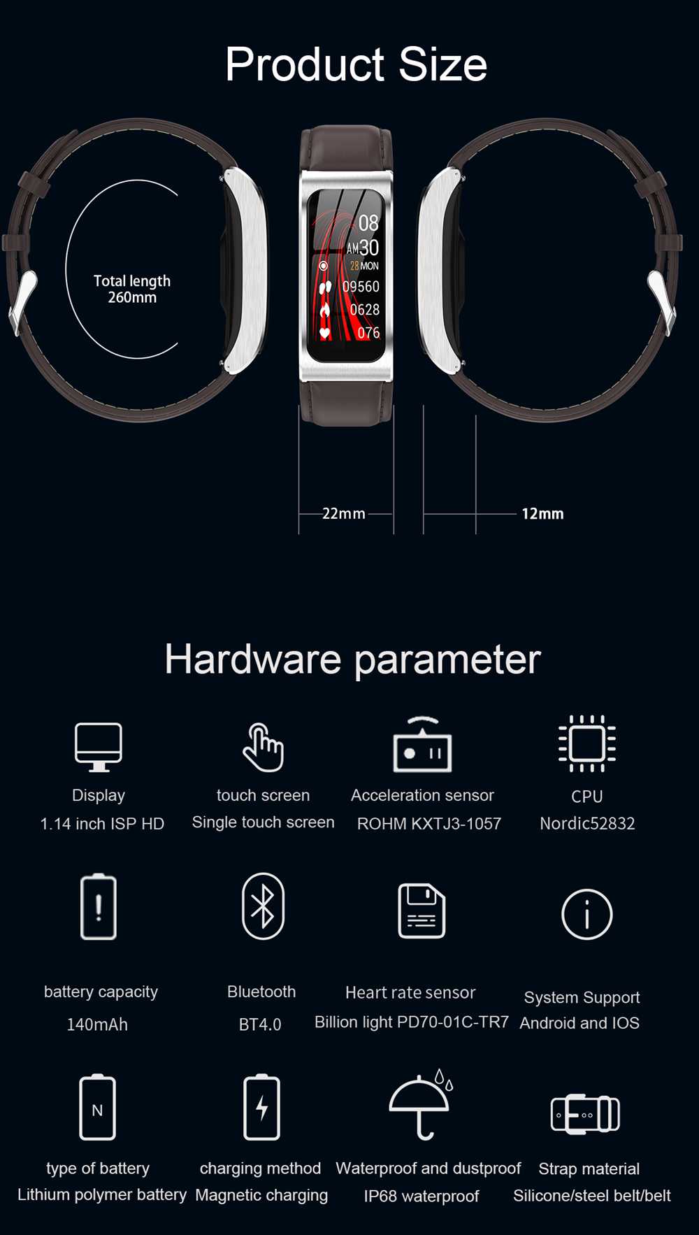Makibes AK12 Smart Bracelet 1.14 Inches Screen IP68 Water Resistant Heart Rate Blood Pressure Monitor Fitness Tracker Metal Strap - Silver