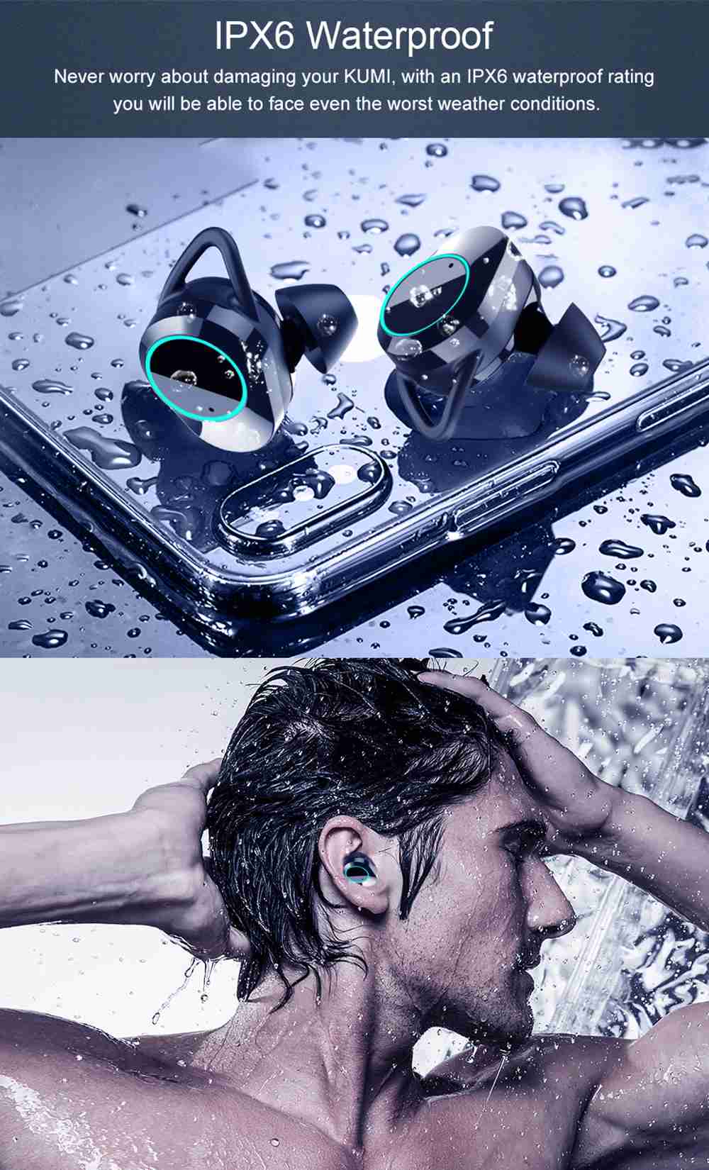 KUMI T3S TWS Bluetooth 5.0 Earphones 6D Heavy Bass Earbuds Touch control with Charging box 3300mAh- Black