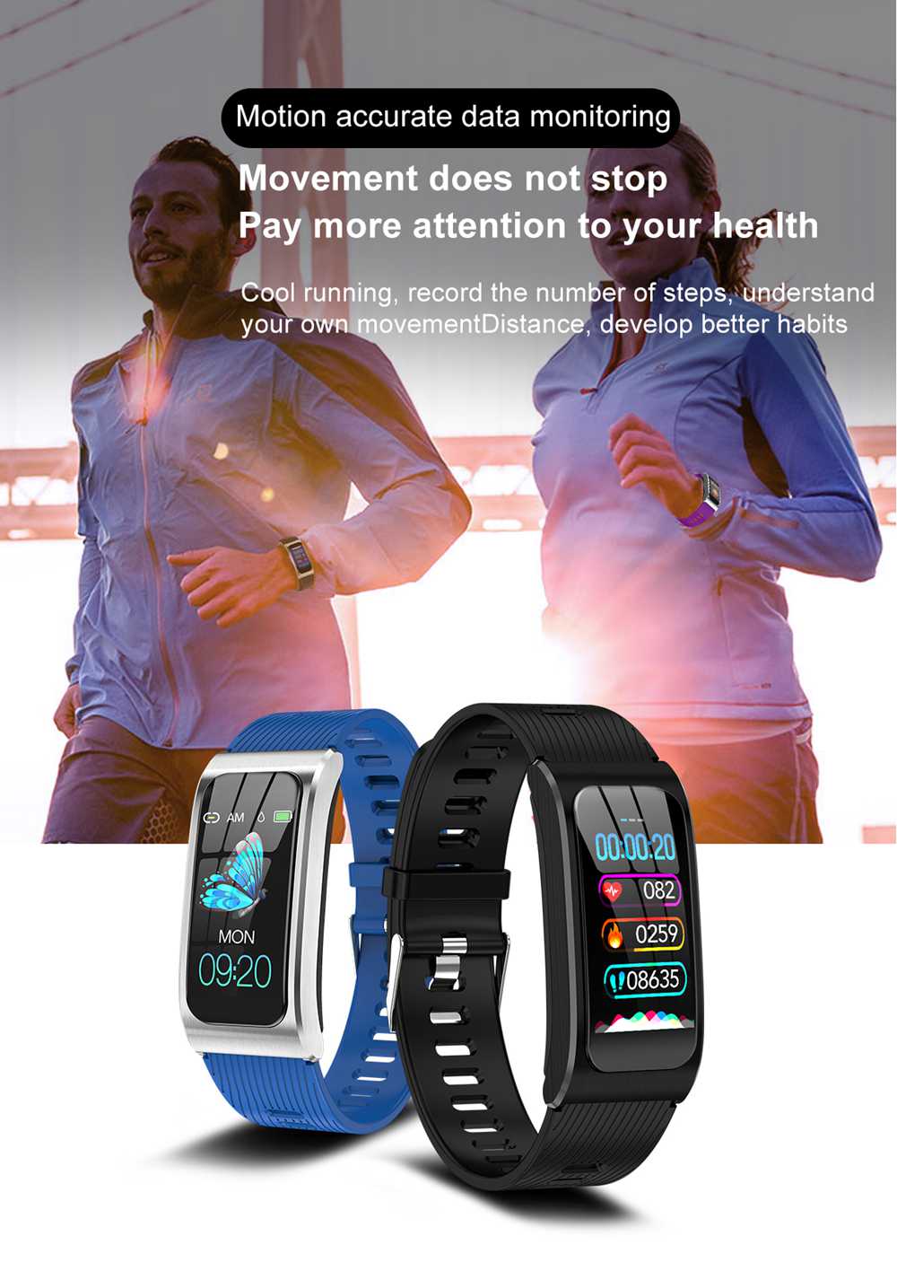 Makibes AK12 Smart Bracelet 1.14 Inches Screen IP68 Water Resistant Heart Rate Blood Pressure Monitor Fitness Tracker Metal Strap - Silver