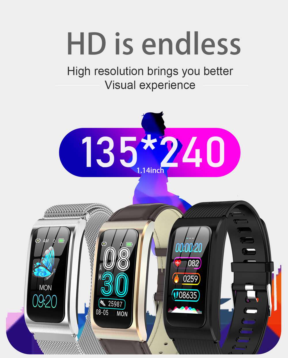 Makibes AK12 Smart Bracelet 1.14 Inches Screen IP68 Water Resistant Heart Rate Blood Pressure Monitor Fitness Tracker Metal Strap - Silver
