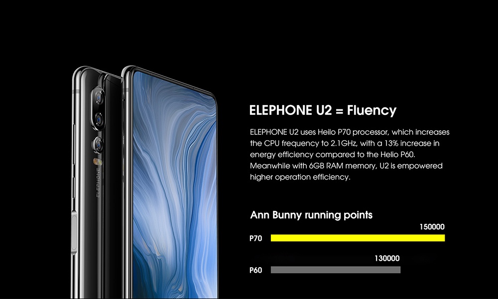 Elephone U2 6.26 Inch 4G LTE Smartphone MT6771T P70 6GB 128GB 16.0MP+5.0MP+2.0MP Three Rear Cameras Android 9.0 - Black