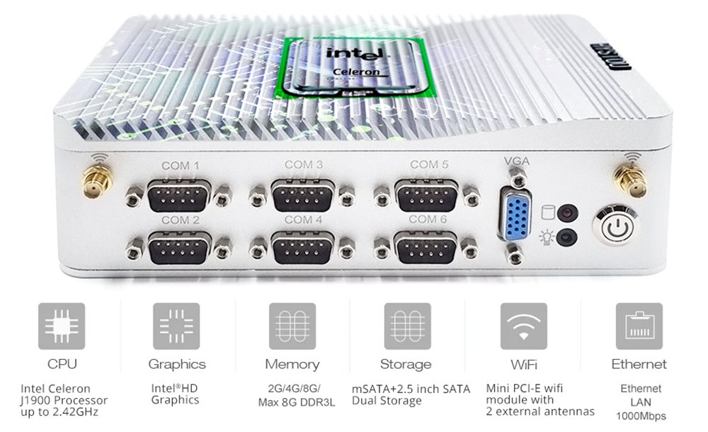 Hystou P13 Intel Celeron J1900 Speed Up to 2.42GHz MINI PC 4G/64G mSATA/SATA 2.4+5G WIFI Gigabit LAN*2 USB2.0*7 COM*6 USB3.0 HDMI+VGA OUT