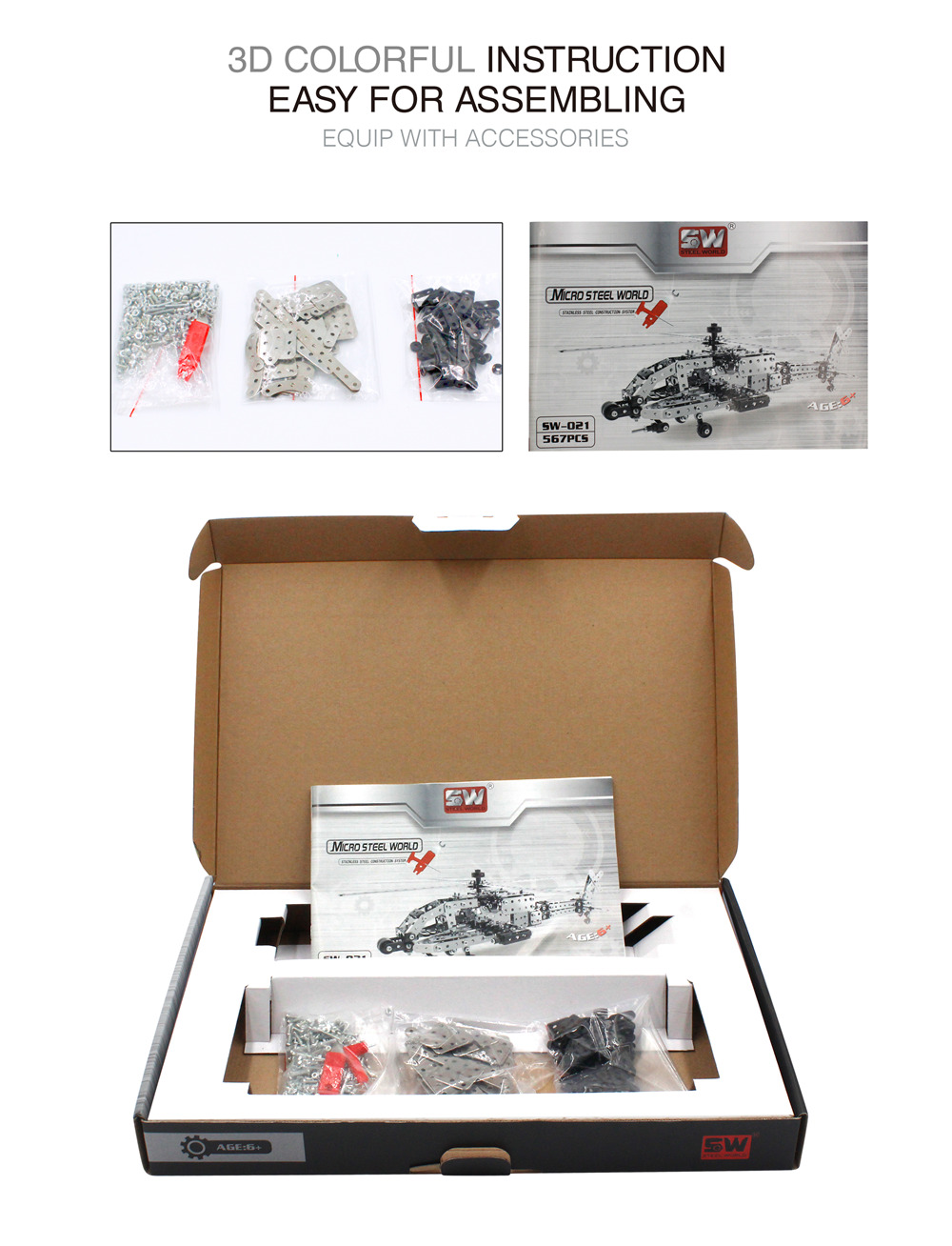 SW SW-021 620PCS DIY Stainless Steel Apache Helicopter Military Aircraft Alloy Assembling Educational Toys