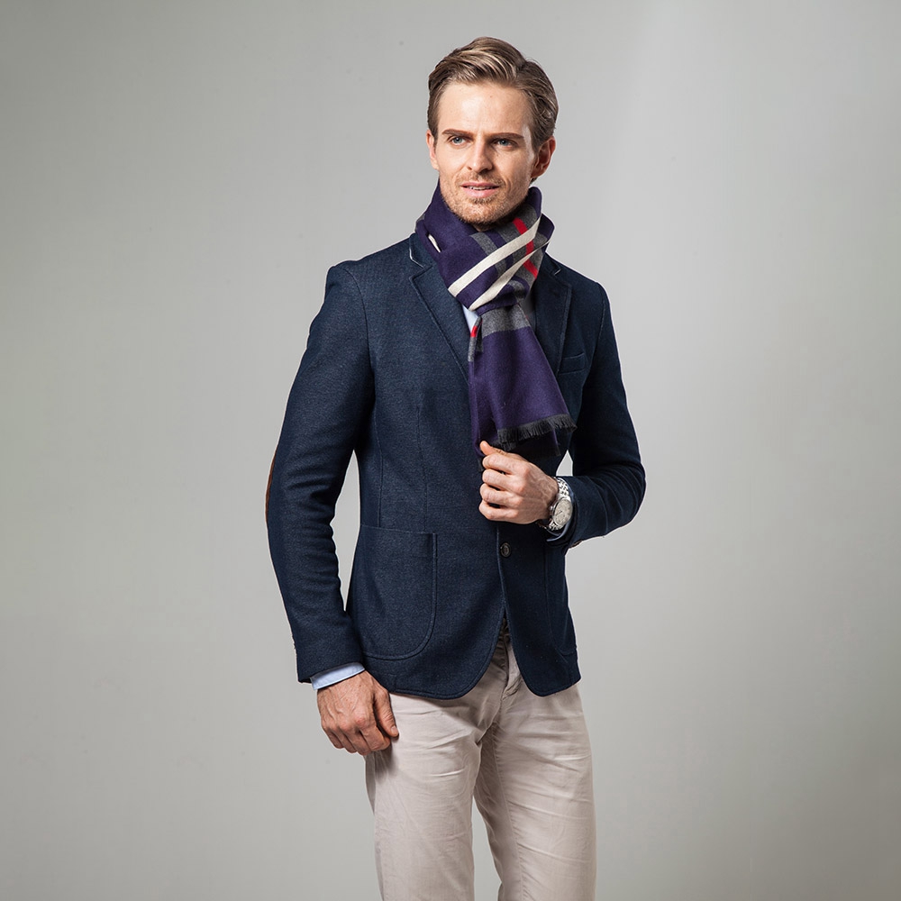 S04 Men Classic Business Imitation Cashmere Striped Plaid Warm Scarf 30x180CM - Navy Blue