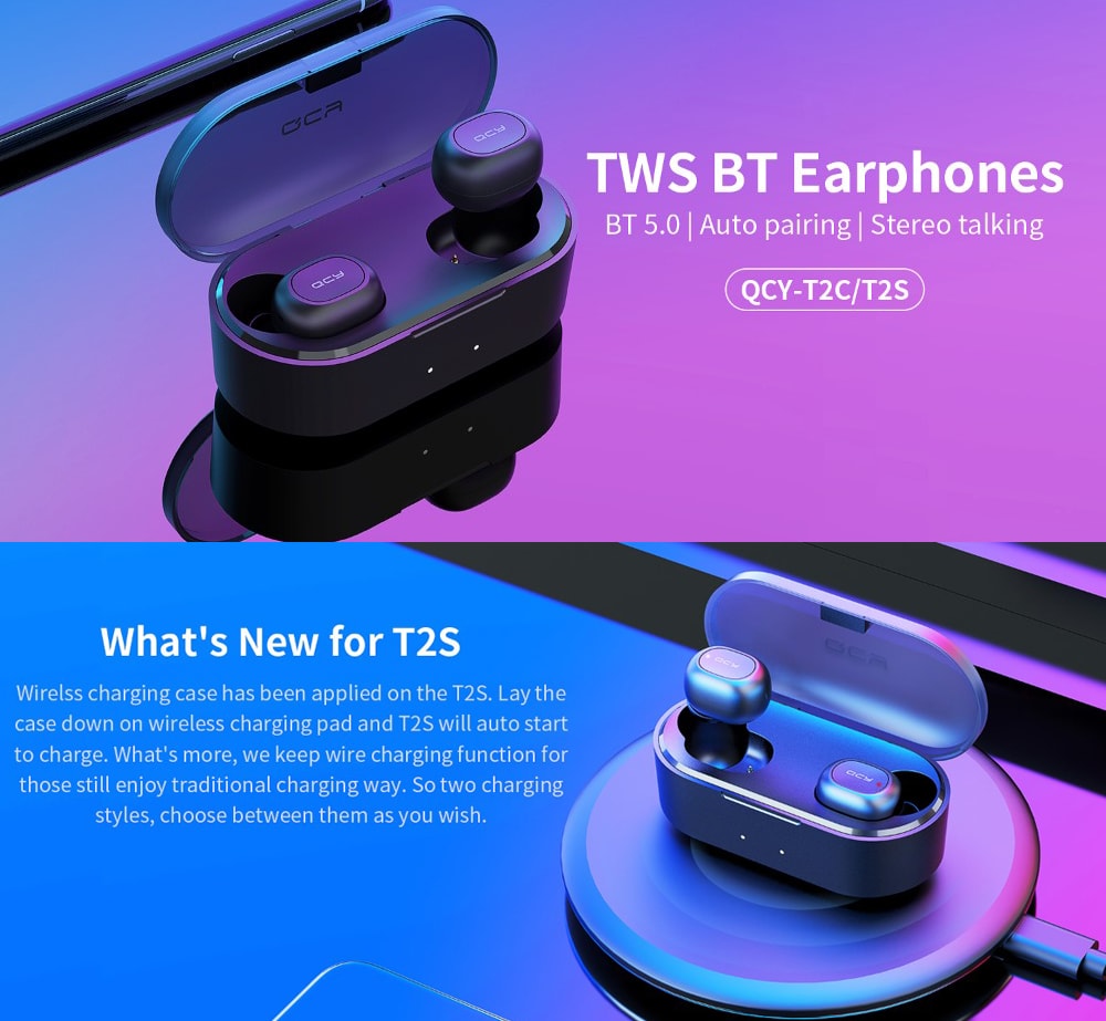 QCY T2S Bluetooth 5.0 TWS Earphones Wireless Charging Siri Google Assistant 800mAh Charging Case CVC 6.0 Noise Reduction