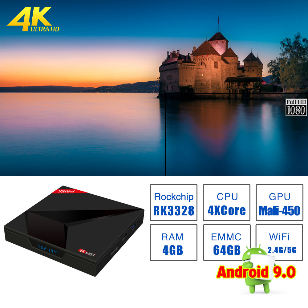 X88 MAX+ Android 9.0 4GB/64GB RK3328 4K TV Box with LED Display Netflix HD KODI 18.0 Dual Band WiFi Bluetooth USB3.0 VP9 H.265