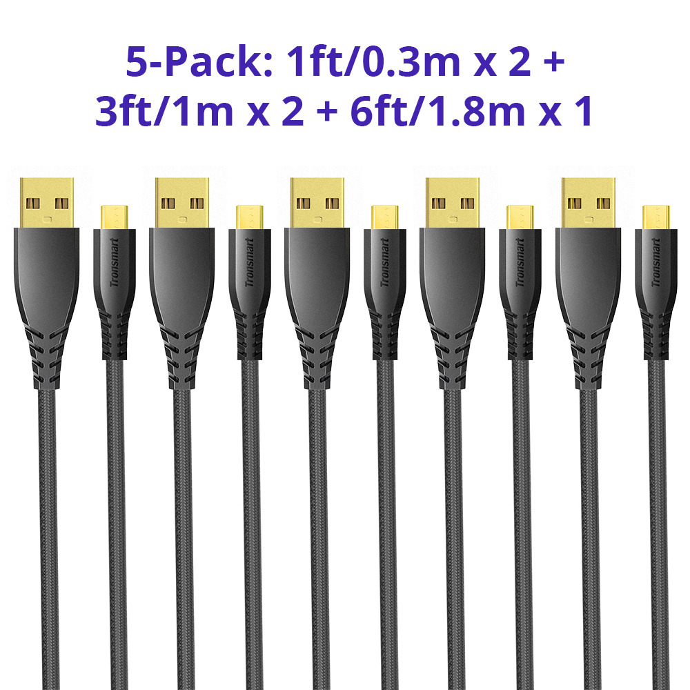 Tronsmart MUC01 5 Pack (1ftx2+3ftx2+6ftx1) USB A to Micro USB Cable for Samaung LG Android Smartphones - Black