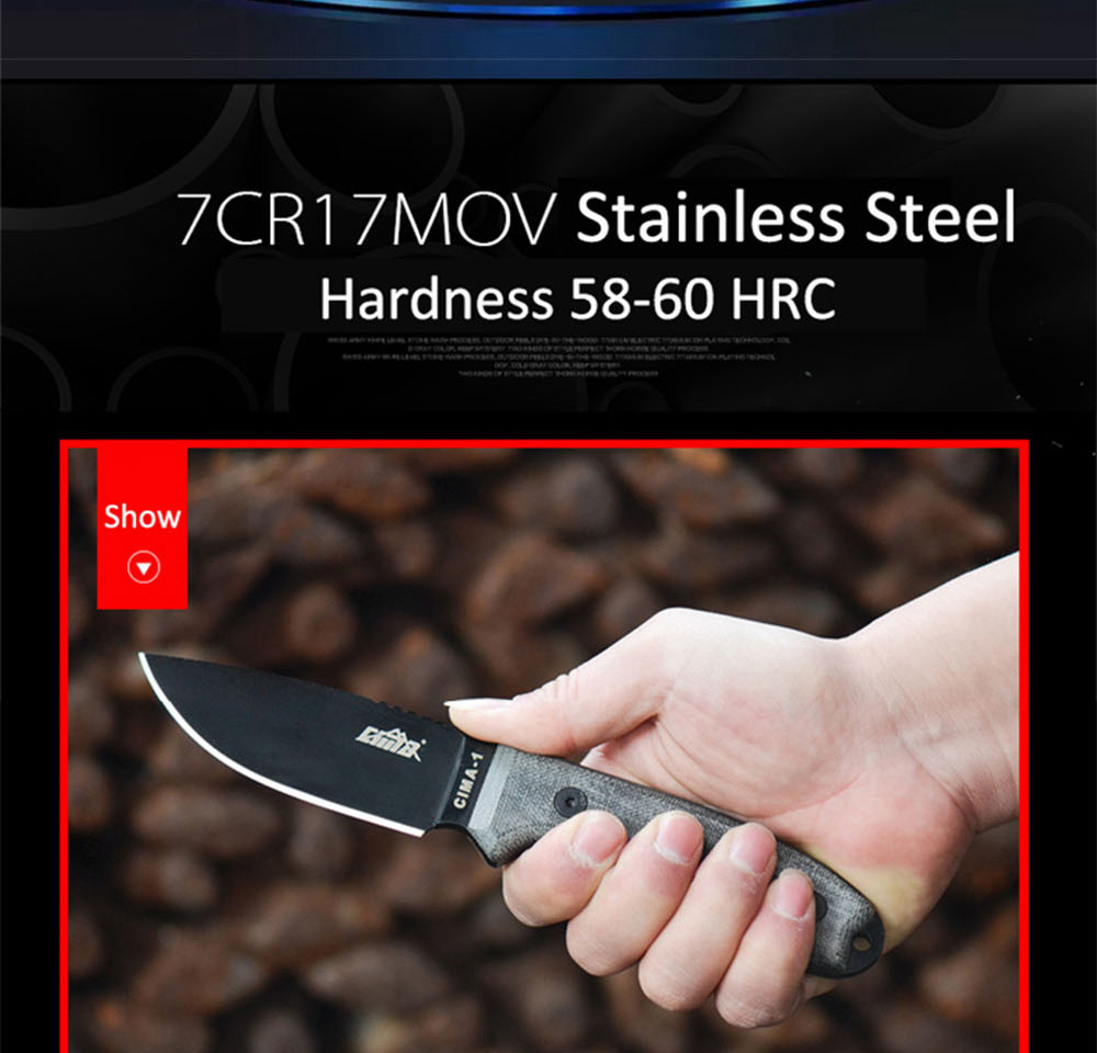 CIMA 7Cr17MOV Stainless Steel Straight Blade Knife Hardness 58HRC Flax Non-slip Handle - Black