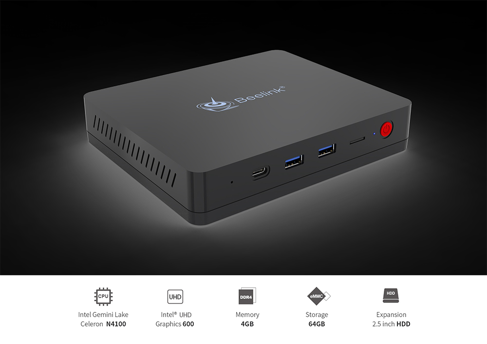 Beelink S2 Gemini Lake N4100 2.4Ghz Intel® UHD Graphics 600 4GB LPDDR4 64GB eMMC Windows 10 Mini PC Intel Dual Band WIFI Gigabit LAN Bluetooth Support Cortana 2.5 inch HDD Bay