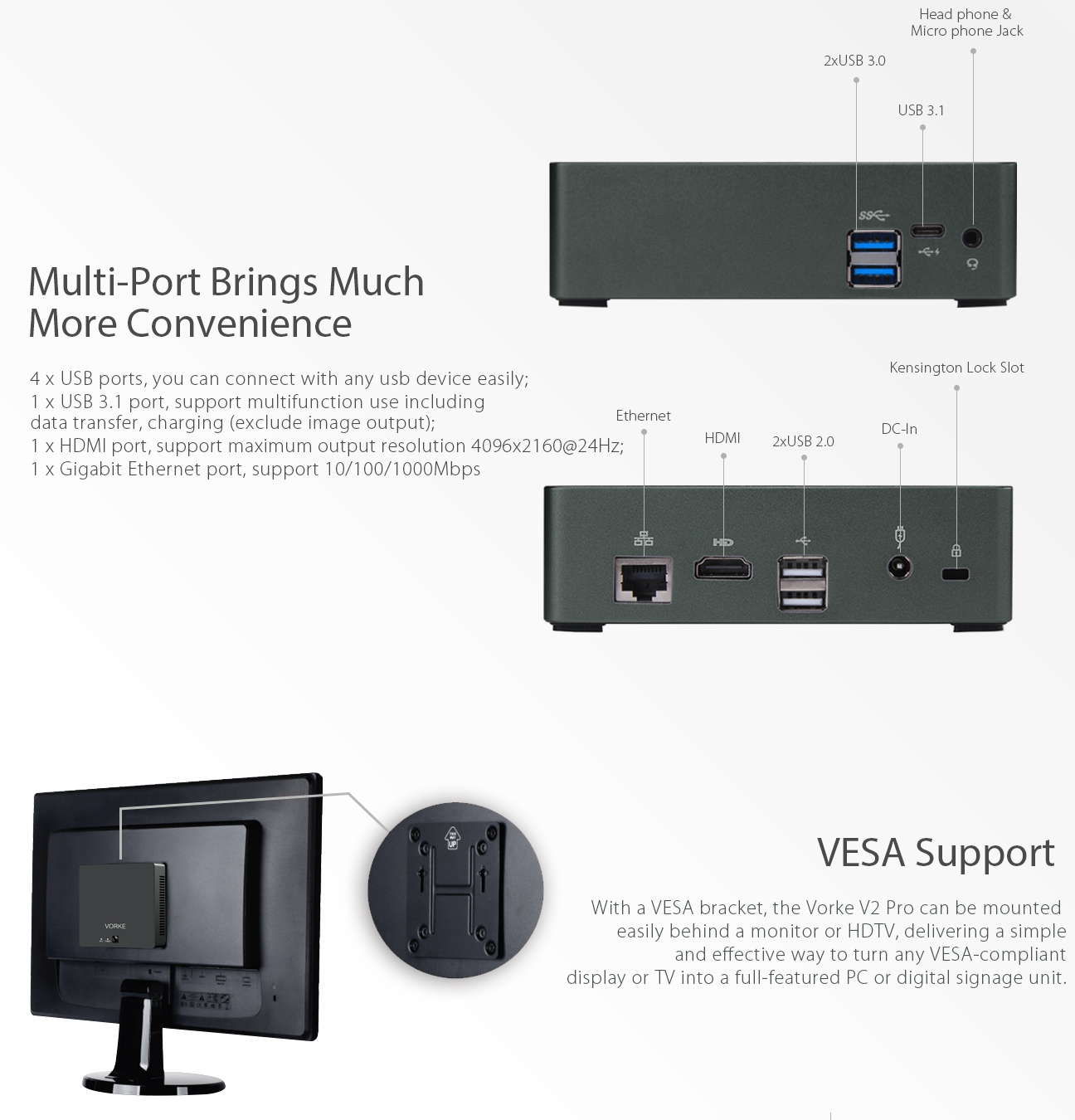 VORKE V2 Pro Intel Kaby Lake R i7-8550U 8GB DDR4 RAM 256GB SSD Ubuntu16.04 Mini PC AC WIFI Gigabit LAN HDMI USB 3.0 TYPE-C Upgradeable to 16GB