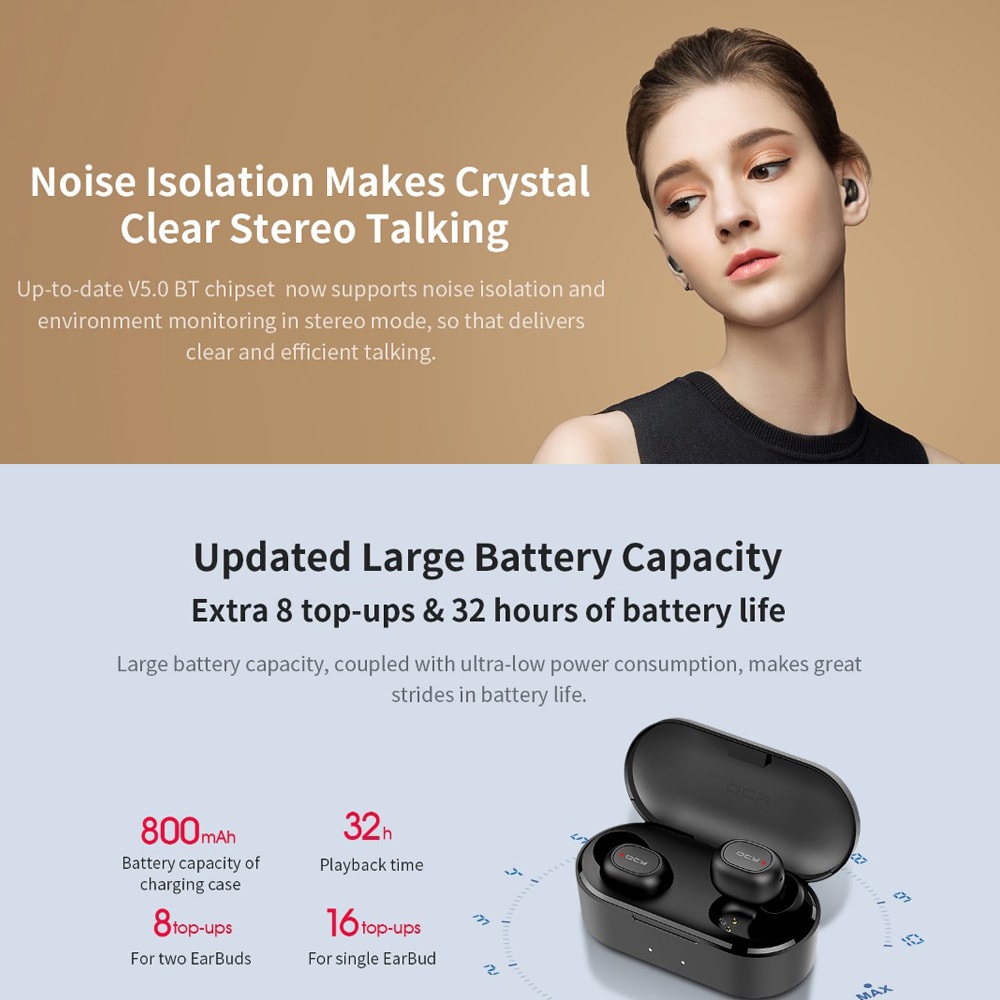 QCY T2C TWS Bluetooth 5.0 TWS Earbuds 800mAh Charging Box Noise Reduction IPX4 Siri Google Assistant