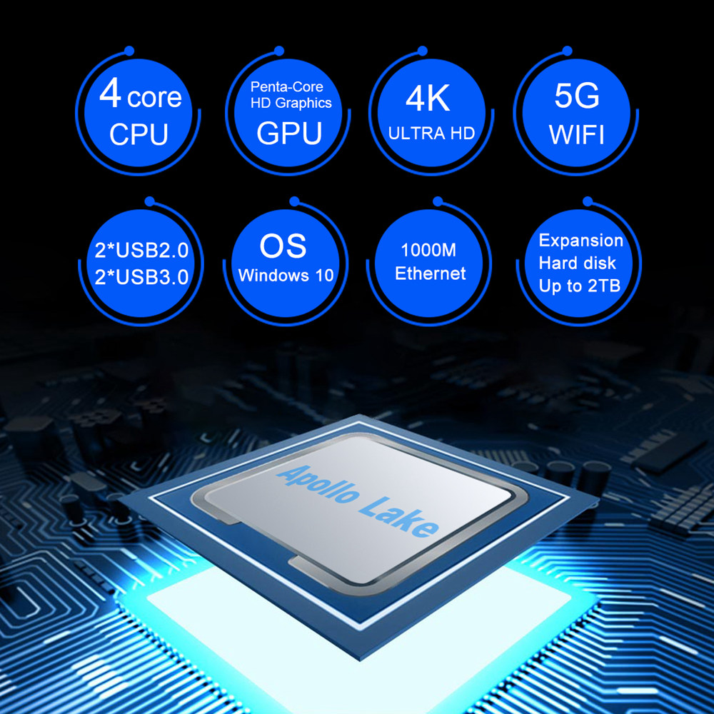 AK3V Intel Apollo Lake J3455 6GB/64GB Mini PC Dual Band WIFI Bluetooth LAN VGA USB3.0*2 HDMI*2