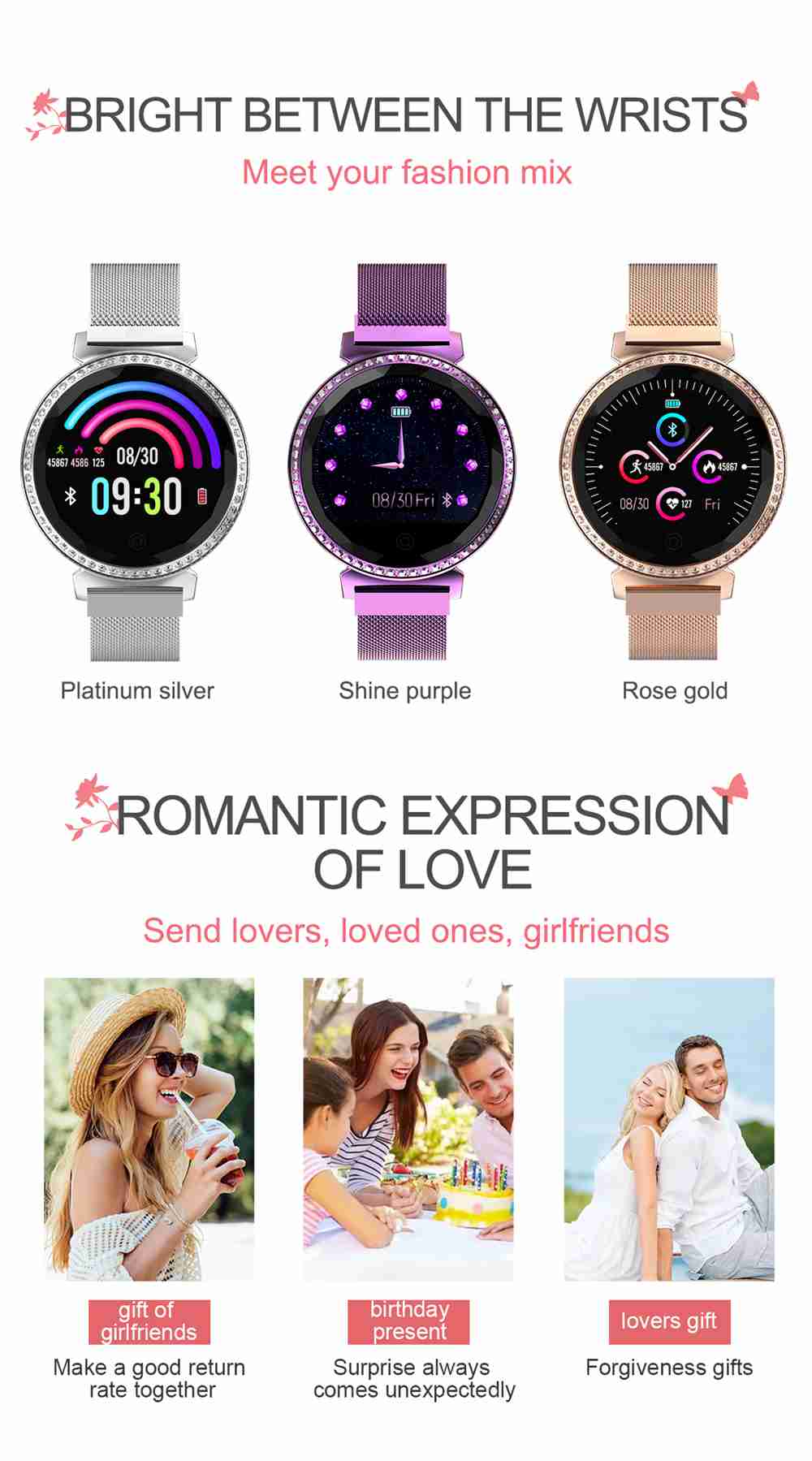 Makibes MC11 Smartwatch 1.04 inch Color Screen IP67 Water Resistant Heart Rate Monitor Sleep Tracker Steel Strap - Golden