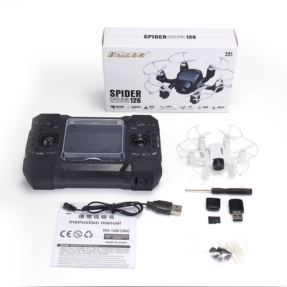 Bundle FQ777-126C MINI Spider Drone RTF White + Extra 3.7V 25C 220mAh Battery