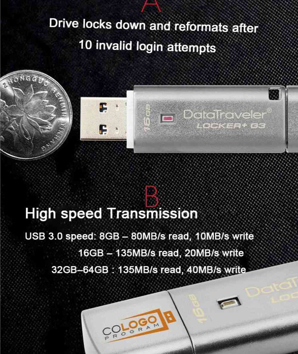 Kingston DTLPG3 64GB USB3.0 Flash Drive Password Protection Automatic Cloud Backup Reading Speed 135MB/s - Silver