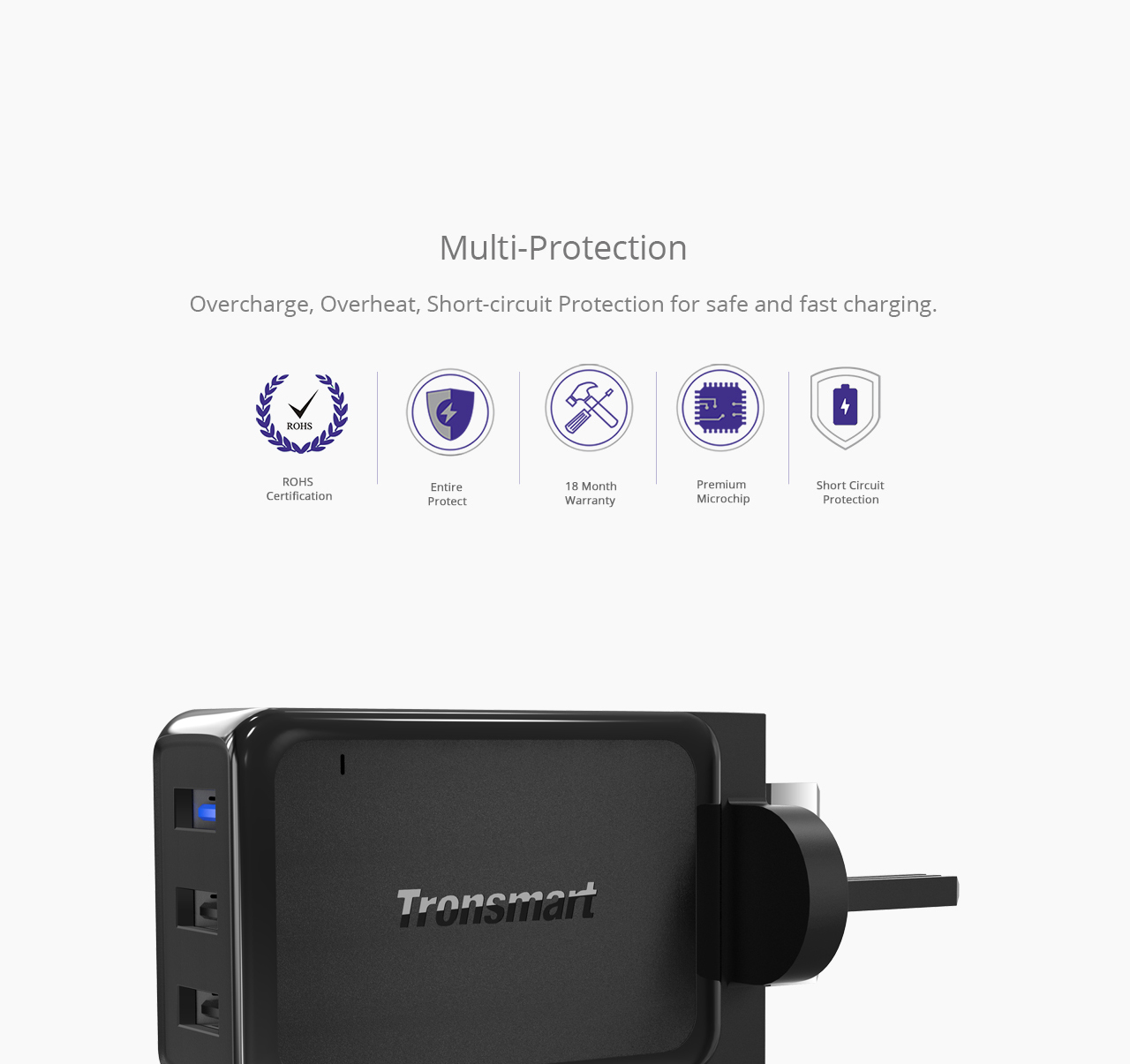 Tronsmart Quick Charge 3.0 USB Wall Travel Charger 42W 1 and 2 VoltIQ Ports Quick Charge Port Compatible With Quick Charge 2.0 - UK Plug