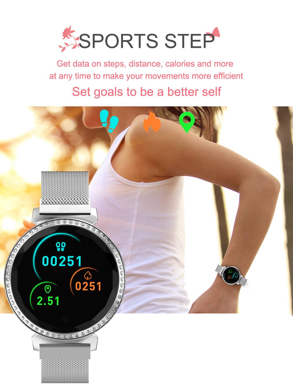 Makibes MC11 Smartwatch 1.04 inch Color Screen IP67 Water Resistant Heart Rate Monitor Sleep Tracker Steel Strap - Golden