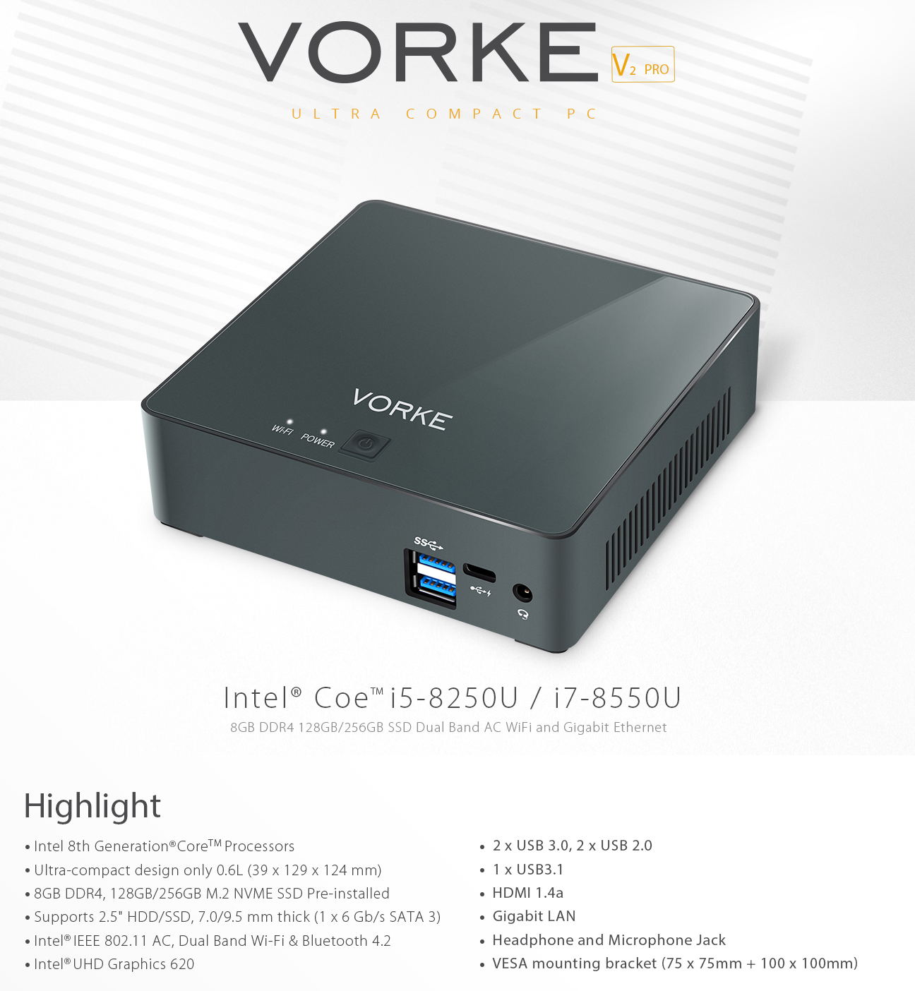 VORKE V2 Pro Intel Kaby Lake R i7-8550U 8GB DDR4 RAM 256GB SSD Ubuntu16.04 Mini PC AC WIFI Gigabit LAN HDMI USB 3.0 TYPE-C Upgradeable to 16GB