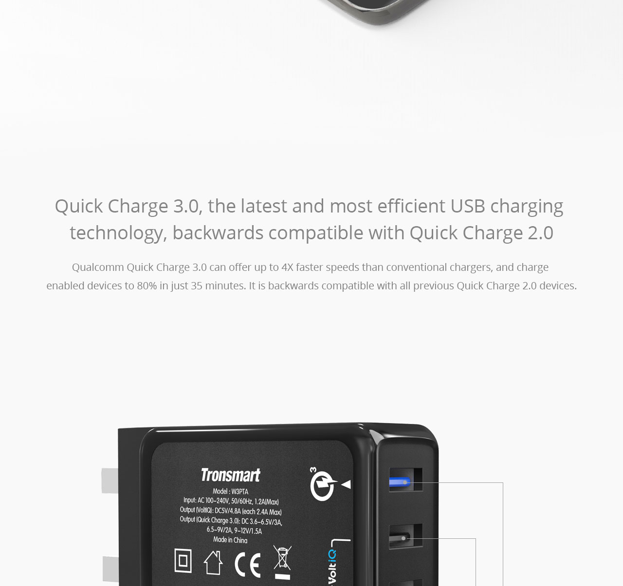 Tronsmart Quick Charge 3.0 USB Wall Travel Charger 42W 1 and 2 VoltIQ Ports Quick Charge Port Compatible With Quick Charge 2.0 - UK Plug
