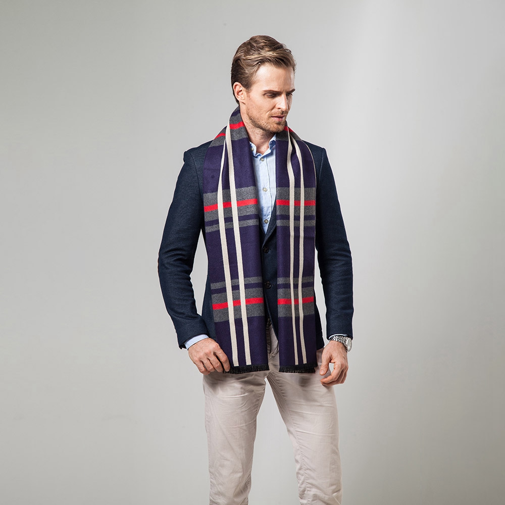 S04 Men Classic Business Imitation Cashmere Striped Plaid Warm Scarf 30x180CM - Navy Blue