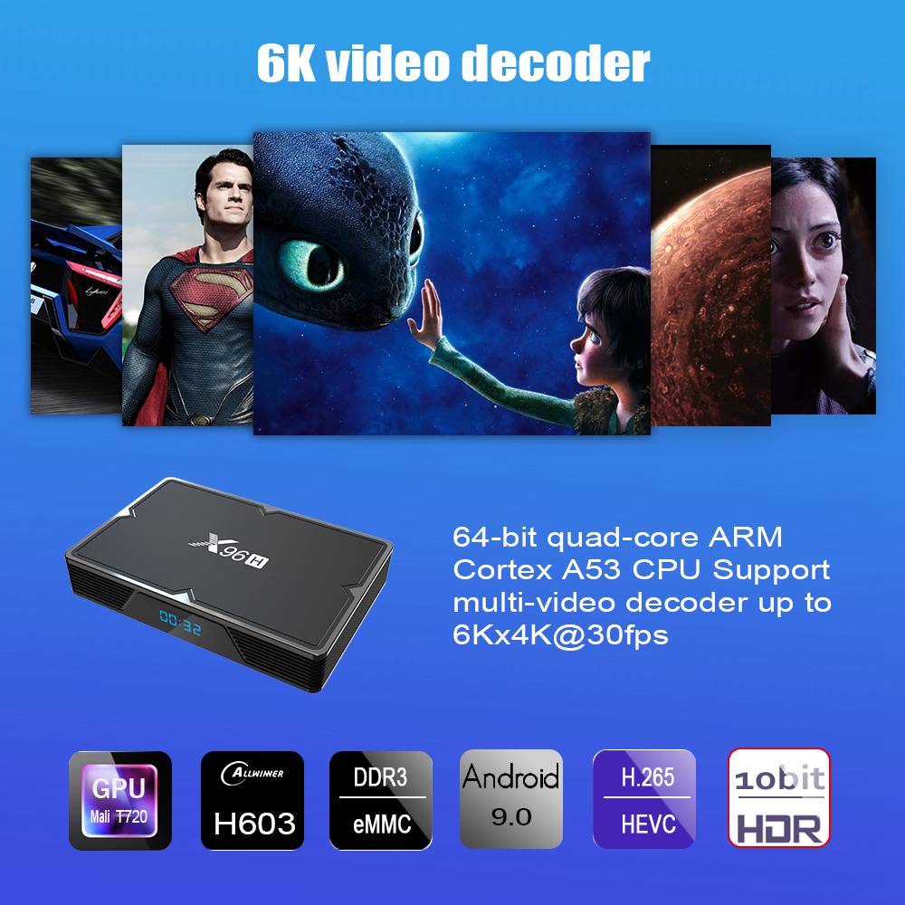 X96H Allwinner H603 Android 9.0 6K HDR TV BOX 4GB/32GB 2.4G/5.8G WIFI USB3.0 AV HDMI IN and OUT Youtube Netflix Google Play