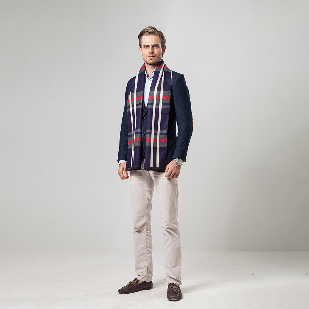 S04 Men Classic Business Imitation Cashmere Striped Plaid Warm Scarf 30x180CM - Navy Blue