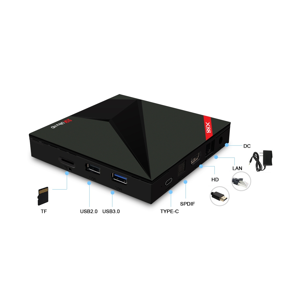 X88 Android TV OS 4GB/32GB RK3328 4K TV BOX with Voice Remote KODI 18.0 Dual Band WiFi Bluetooth Type-C USB3.0 VP9 H.265 LED Display