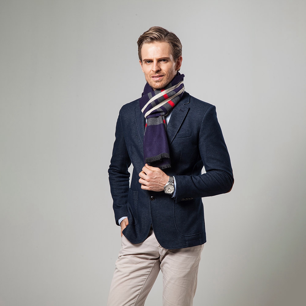 S04 Men Classic Business Imitation Cashmere Striped Plaid Warm Scarf 30x180CM - Navy Blue