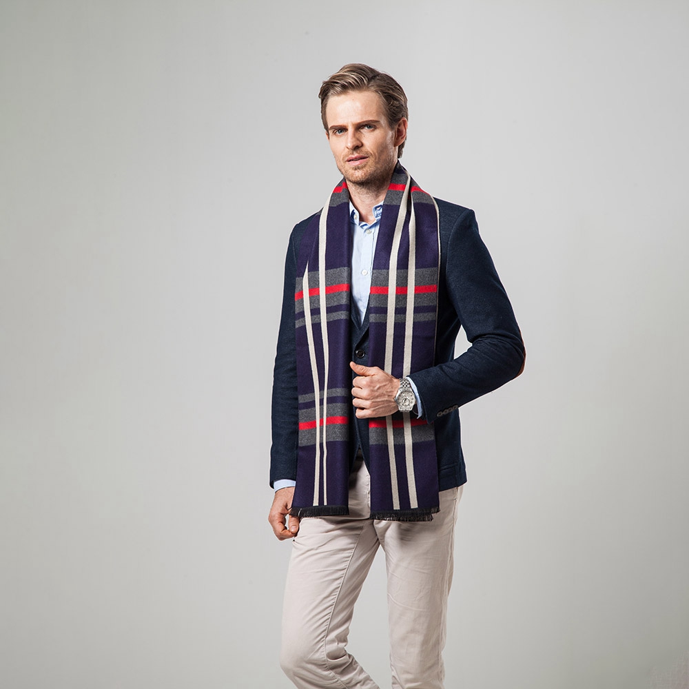S04 Men Classic Business Imitation Cashmere Striped Plaid Warm Scarf 30x180CM - Navy Blue