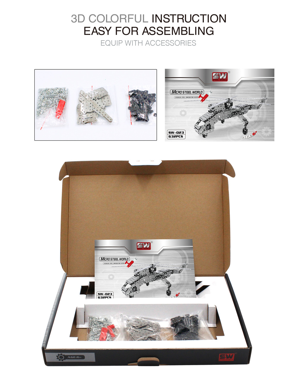 SW SW-023 660PCS DIY Stainless Steel Lifting Helicopter Military Aircraft Alloy Assembling Educational Toys