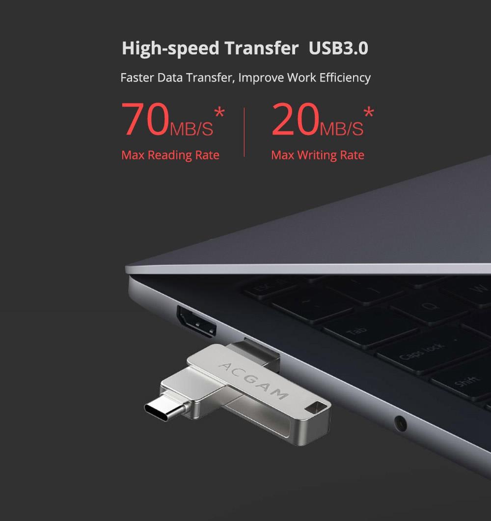 ACGAM C1 32GB USB Flash Drive USB3.0 Type C Key Type Interface Reading Speed 70MB/s - Silver