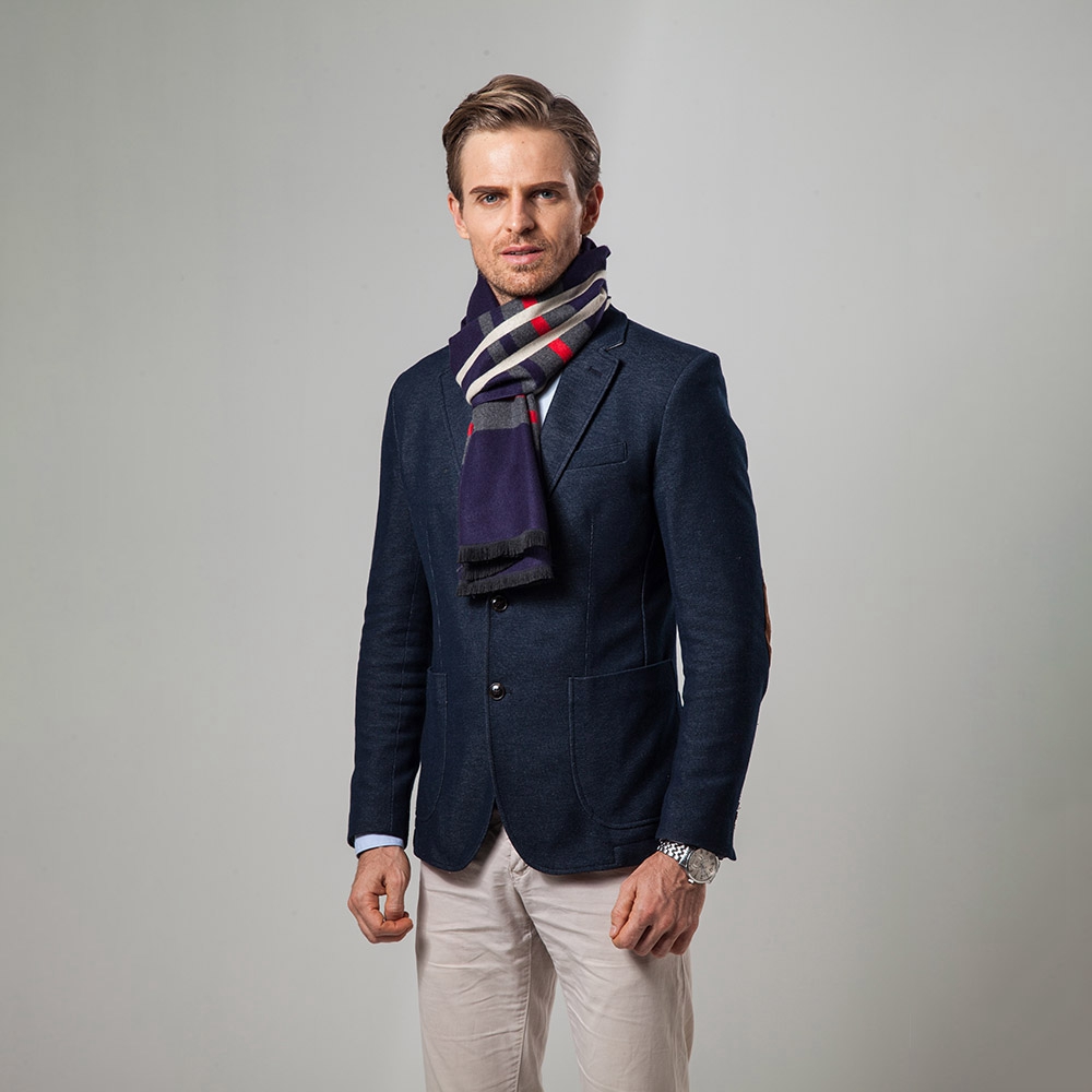 S04 Men Classic Business Imitation Cashmere Striped Plaid Warm Scarf 30x180CM - Navy Blue