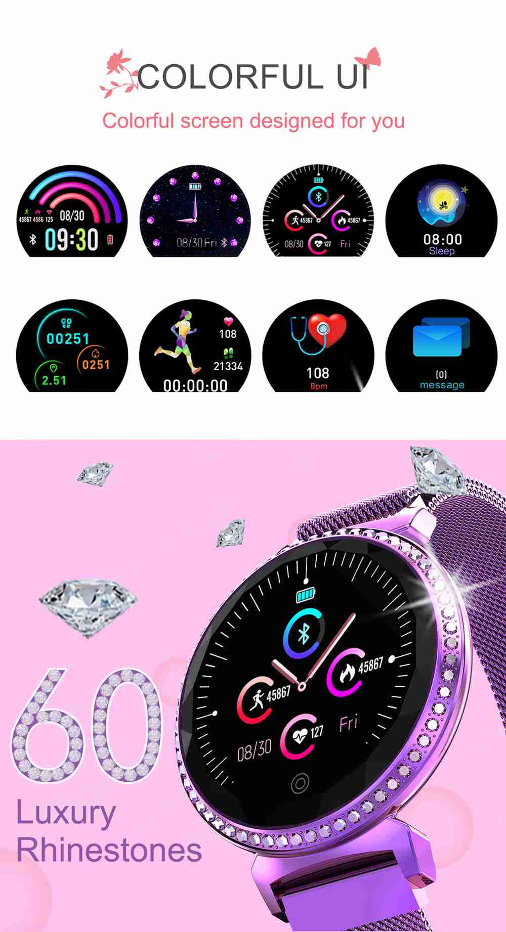 Makibes MC11 Smartwatch 1.04 inch Color Screen IP67 Water Resistant Heart Rate Monitor Sleep Tracker Steel Strap - Golden