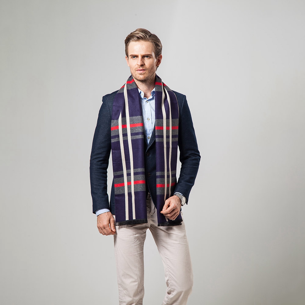 S04 Men Classic Business Imitation Cashmere Striped Plaid Warm Scarf 30x180CM - Navy Blue
