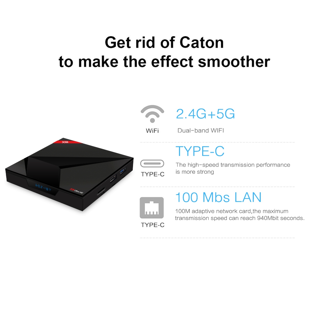 X88 Android TV OS 4GB/32GB RK3328 4K TV BOX with Voice Remote KODI 18.0 Dual Band WiFi Bluetooth Type-C USB3.0 VP9 H.265 LED Display