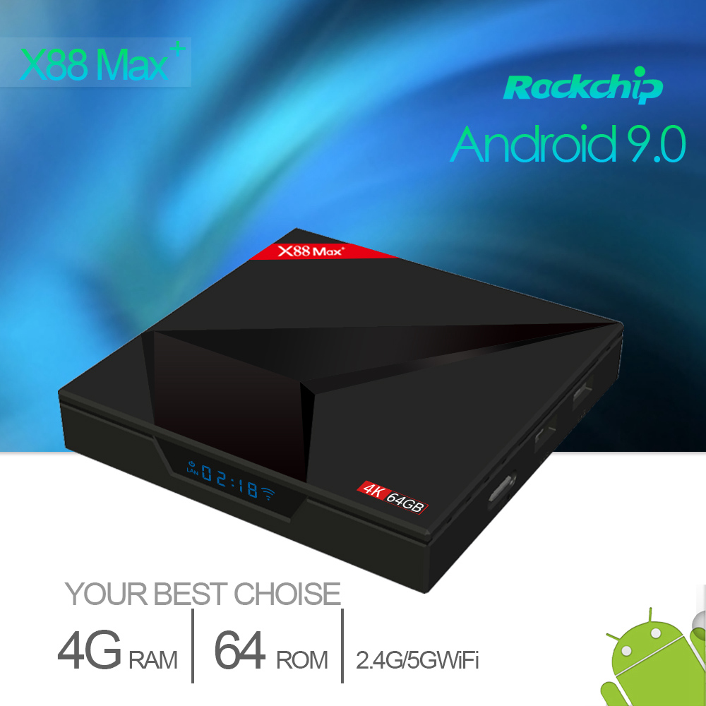 X88 MAX+ Android 9.0 4GB/64GB RK3328 4K TV Box with LED Display Netflix HD KODI 18.0 Dual Band WiFi Bluetooth USB3.0 VP9 H.265