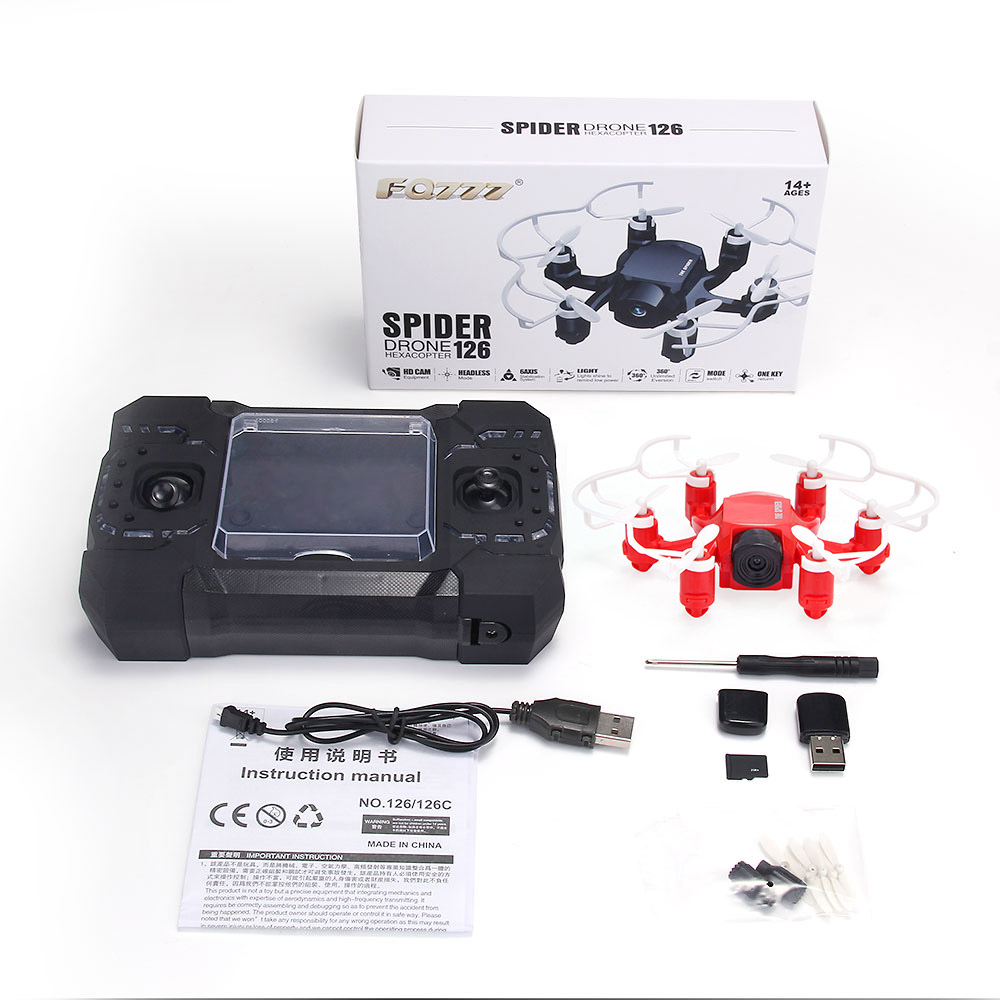 FQ777-126C MINI Spider Drone 2MP HD Camera 3D Roll One Key to Return Dual Mode 4CH 6Axis Gyro RC Hexacopter - Red