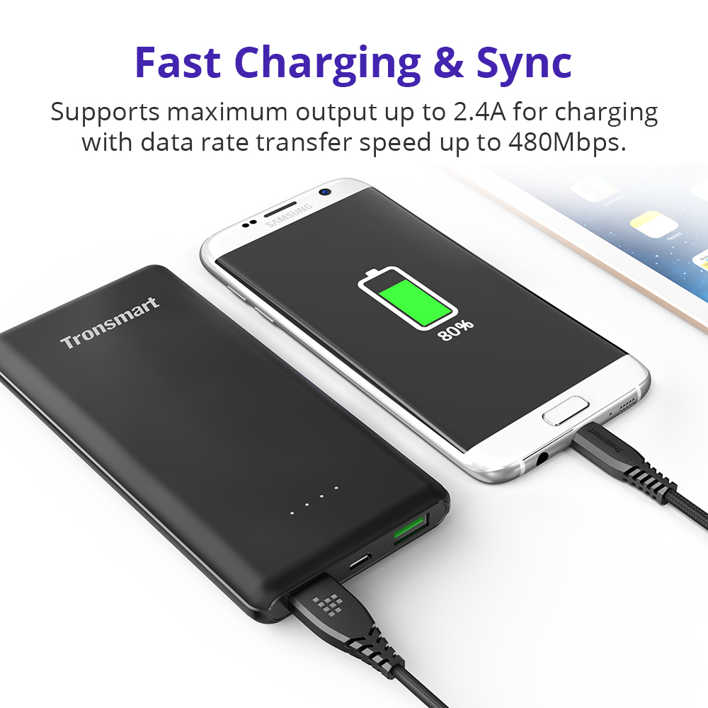 Tronsmart MUC03 10ft/3m USB A to Micro USB Cable with Nylon Braided for Samsung LG Nokia Android Smartphones - Black