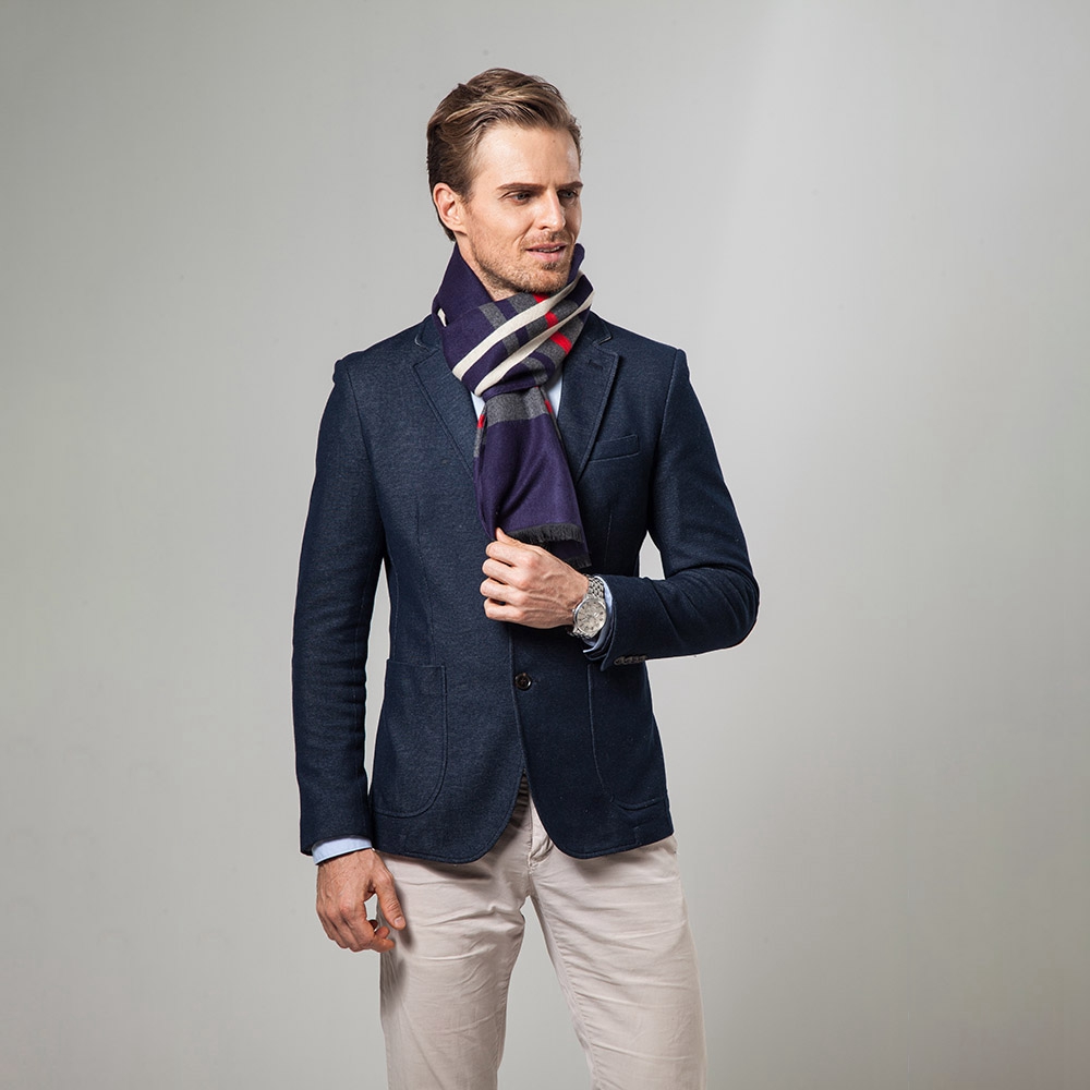 S04 Men Classic Business Imitation Cashmere Striped Plaid Warm Scarf 30x180CM - Navy Blue