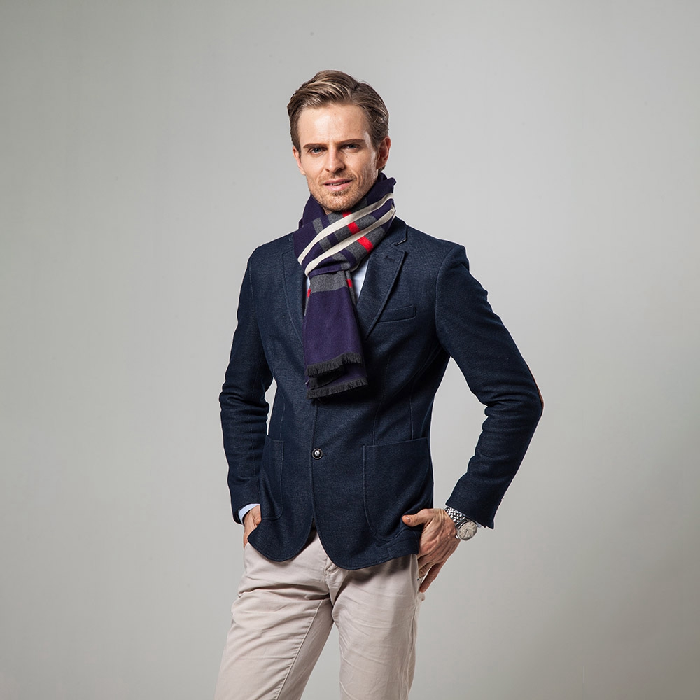 S04 Men Classic Business Imitation Cashmere Striped Plaid Warm Scarf 30x180CM - Navy Blue