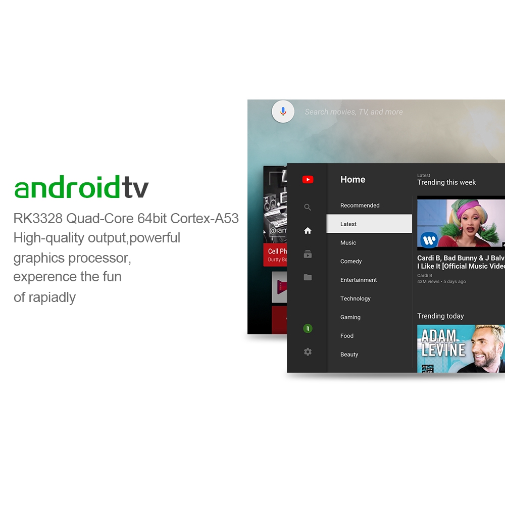 X88 Android TV OS 4GB/32GB RK3328 4K TV BOX with Voice Remote KODI 18.0 Dual Band WiFi Bluetooth Type-C USB3.0 VP9 H.265 LED Display