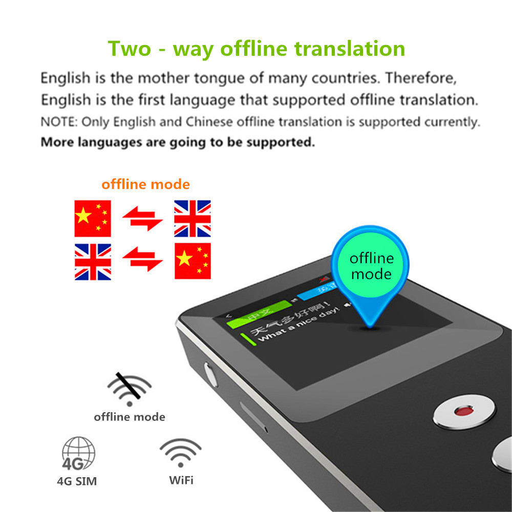 Binai T9-4G Smart Voice Translator 44 Languages Mini Bluetooth 4.0 2.4 Inch LCD - Black