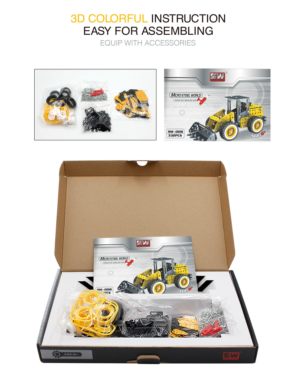 SW SW-008 332PCS DIY Stainless Steel Bulldozer Alloy Assembling Educational Toys