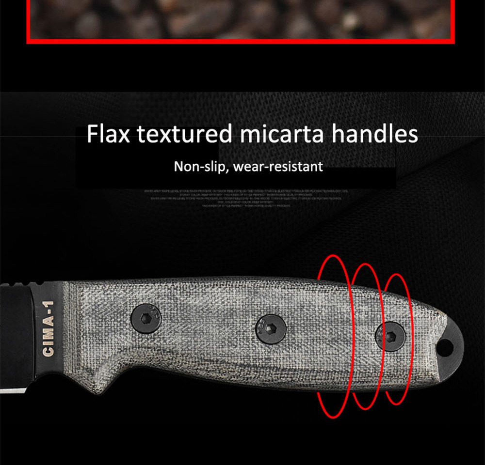 CIMA 7Cr17MOV Stainless Steel Straight Blade Knife Hardness 58HRC Flax Non-slip Handle - Black