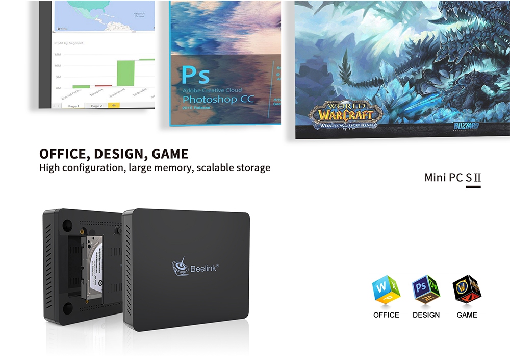 Beelink S2 Gemini Lake N4100 2.4Ghz Intel® UHD Graphics 600 4GB LPDDR4 64GB eMMC Windows 10 Mini PC Intel Dual Band WIFI Gigabit LAN Bluetooth Support Cortana 2.5 inch HDD Bay